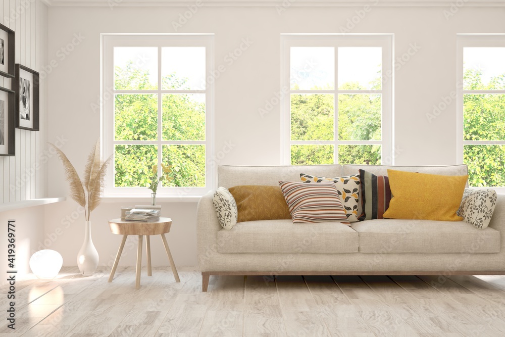 White living room with sofa and summer landscape in window. Scandinavian interior design. 3D illustration White living room with sofa and summer landscape in window. Scandinavian interior design. 3D illustration