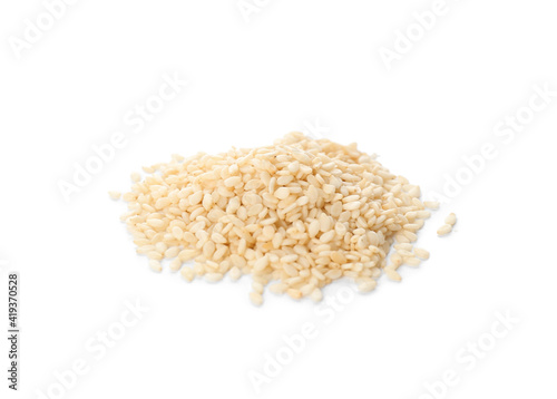 Pile of sesame seeds on white background