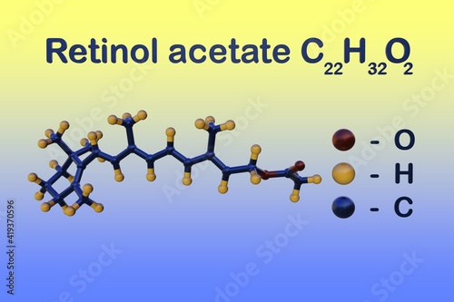 Fototapeta Naklejka Na Ścianę i Meble -  Structural chemical formula and molecular model of retinol acetate, a natural form of vitamin A which is an acetate ester of retinol and has antineoplastic activity. 3d illustration