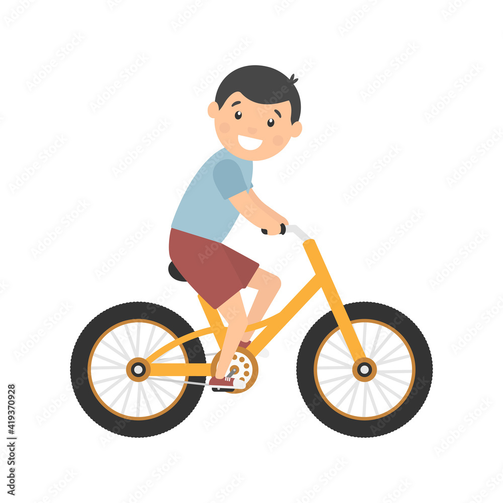 Happy cute boy riding bike. Healthy lifestyle concept. Little child rides bicycle. Vector isolated on white Happy cute boy riding bike. Healthy lifestyle concept. Little child rides bicycle. Vector isolated on white