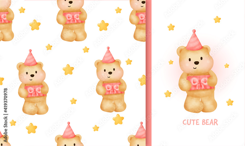 Seamless pattern Birthday greeting card with cute teddy bear holding a gift box.