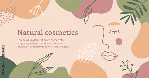 Vector trendy banner for the beauty industry. Natural cosmetics concept. Illustration with a linear surreal portrait of a woman, abstract color spots and floral elements in natural colors.	