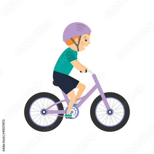 Happy cute boy riding bike. Healthy lifestyle concept. Little child rides bicycle. Vector isolated on white