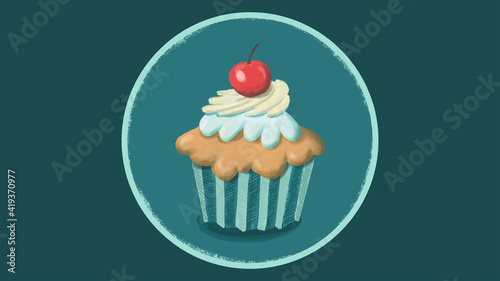 Digital hand drawn illustration of a tasty cupcake with cream and a cherry on the top. The cupcake is in the circle on the green background
