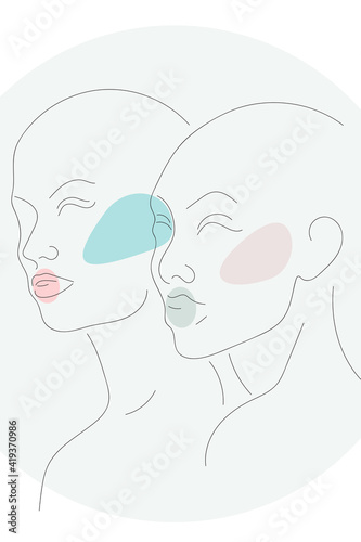 Tender relationships between two characters. Abstract portrait sketch. Same direction sight. Artistic minimal design on white using black outline and colorful spots. Simple, light and airy artwork.