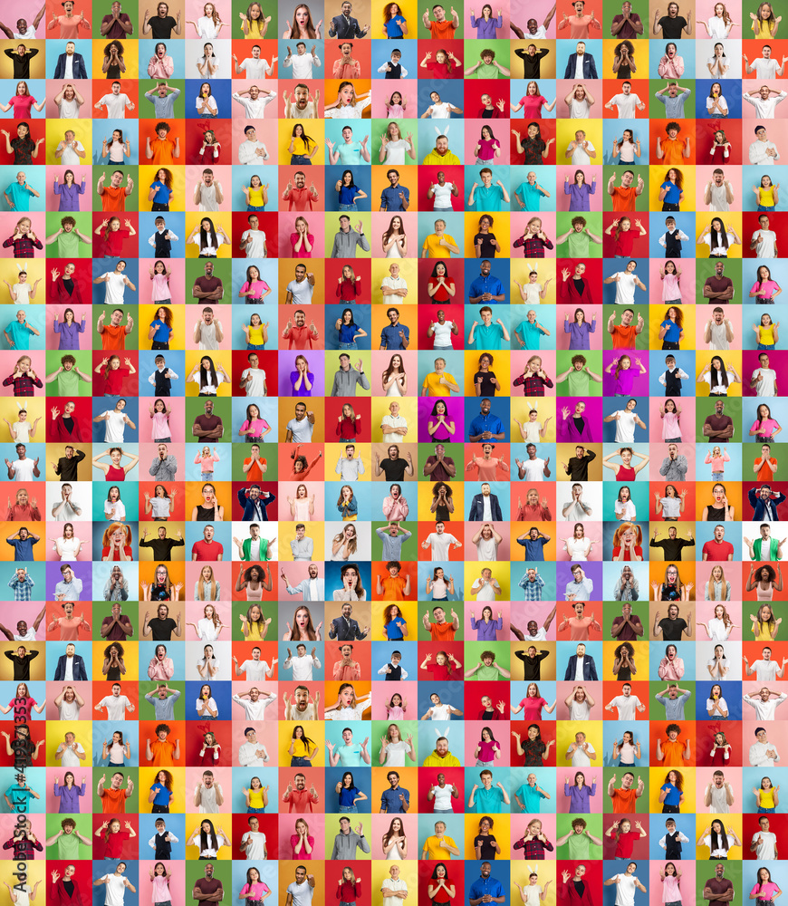 Fototapeta premium Collage of faces of surprised people on multicolored backgrounds. Happy men and women smiling. Human emotions, facial expression concept. Different human facial expressions, emotions, feelings.