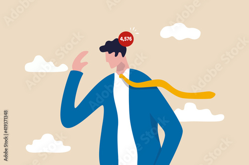 Overworked, too many working problems and uncompleted tasks, stressed negative mental or anxiety concept, depressed businessman frustrated thinking about work with unfinished number on his head.