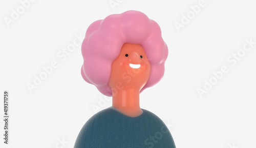 3D Bright people portrait - 3D render design concept illustration of a plastuc doll of a young woman, face and shoulders avatar. User picture volumetric icon