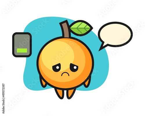 Orange fruit cartoon doing a tired gesture