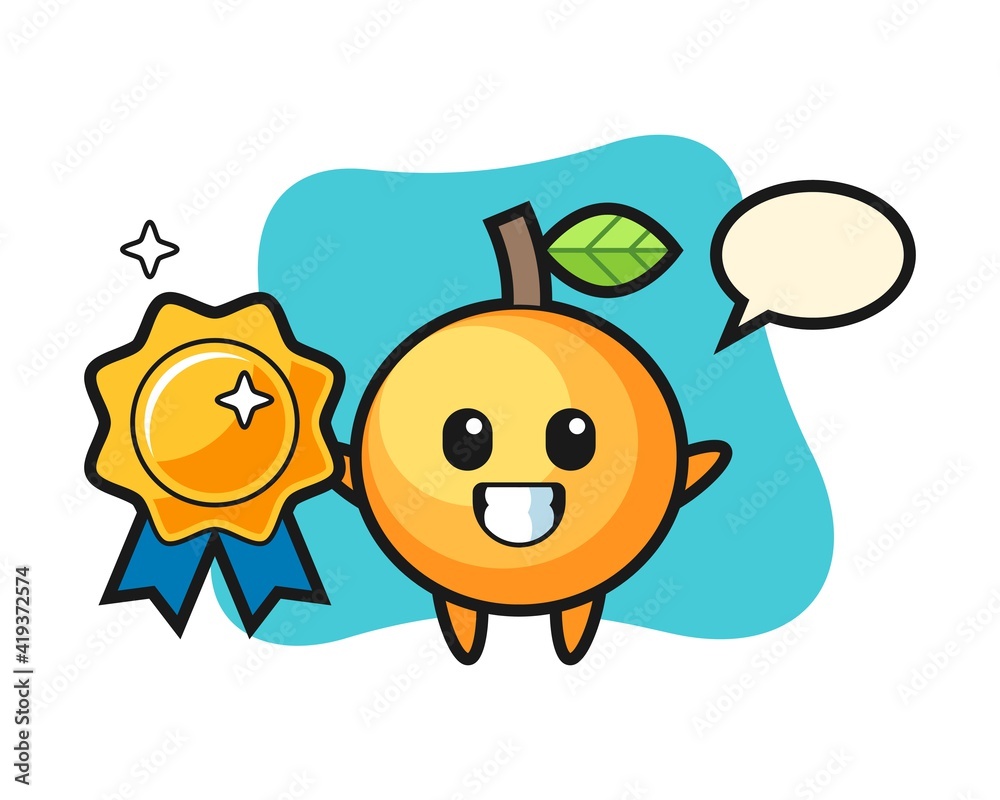 Orange fruit cartoon holding a golden badge Orange fruit cartoon holding a golden badge