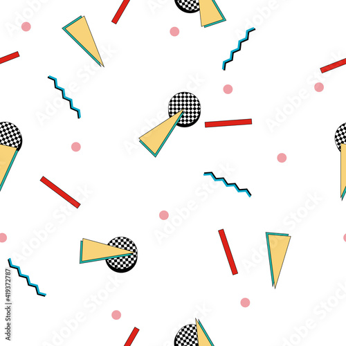 Memphis 90s pattern of geometric colorful shapes. Pastel seamless background with pastel colors.