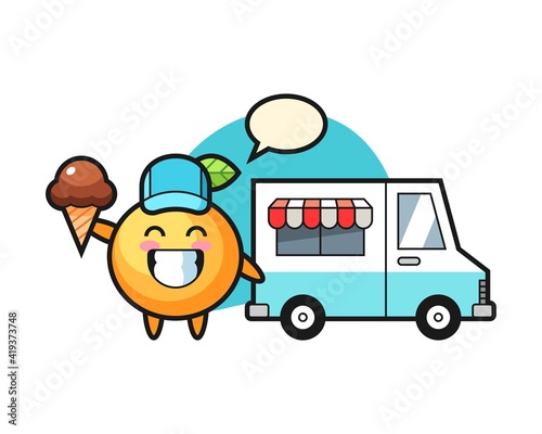 Orange fruit cartoon with ice cream truck
