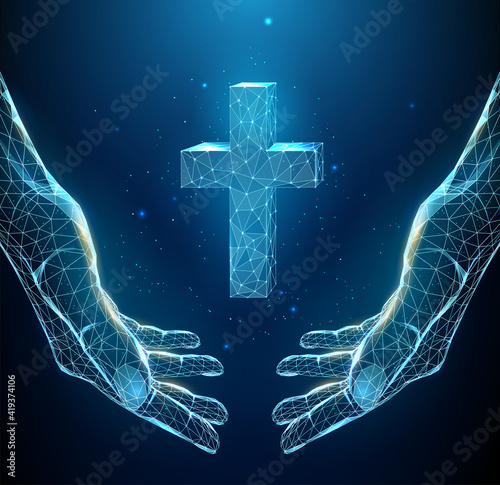 Abstract blue pair of hand holds cross.