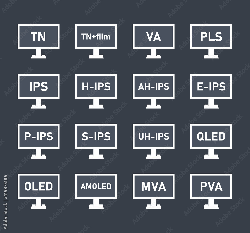 monitor matrix icon set, types of LCD matrices - IPS, VA, TN, OLED Stock  Vector | Adobe Stock