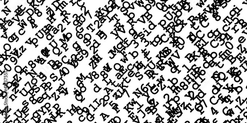 Black digits and letters randomly distributed on white background, 45 degrees rotation, abstract illustration