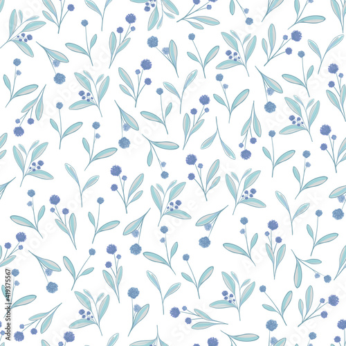 delicate floral vector pattern. delicate mint-colored flowers with lilac flowers or berries