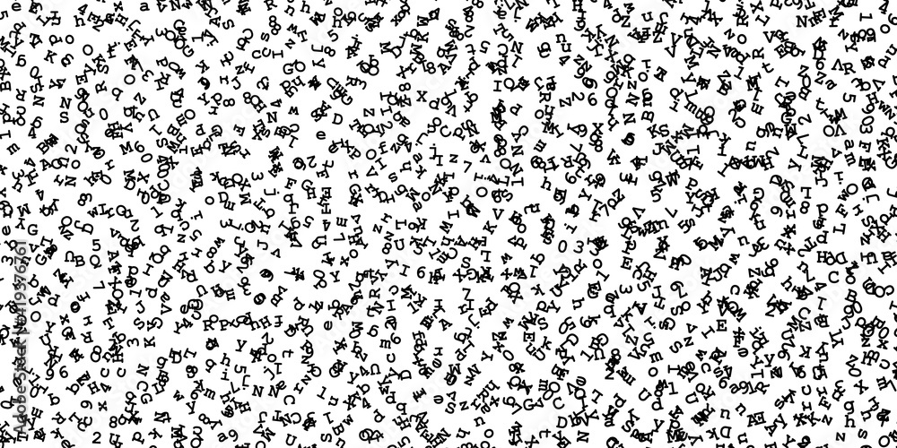 Black digits and letters randomly distributed on white background, abstract illustration Black digits and letters randomly distributed on white background, abstract illustration