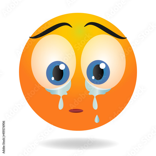 Crying emoji. Yellow funny face. Round character with bif eyes. Tearful cartoon human emotion.