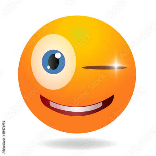 Wink emoji. Yellow funny face. Round character with big eyes. Flirt cartoon human emotion. Obscene language.