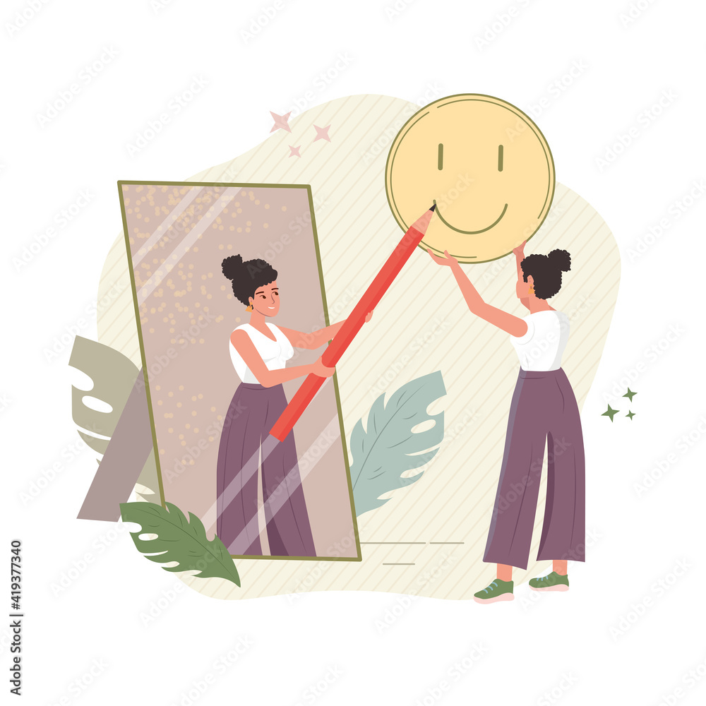 Self pride, self-acceptance, positive self-image and confidence concept vector illustration. Business woman looking in a mirror. Esteem, positive self-perception, social role, individual psychology. Self pride, self-acceptance, positive self-image and confidence concept vector illustration. Business woman looking in a mirror. Esteem, positive self-perception, social role, individual psychology.