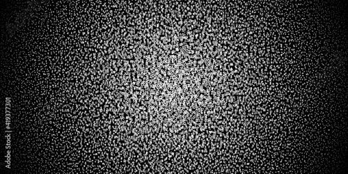 Halftone gradient made of white letters and digits randomly distributed on black background, abstract illustration, circular pattern