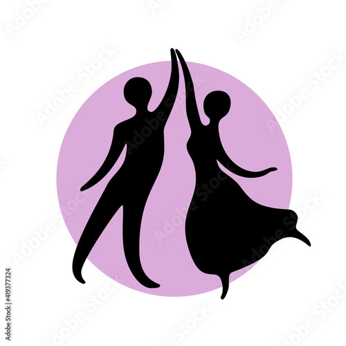 Abstract dancers black silhouette over round shape. Dance studio logo design template