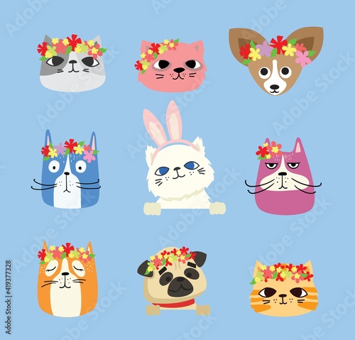 Vector Easter cards with cats and spring flowers. Happy Easter in the flat style