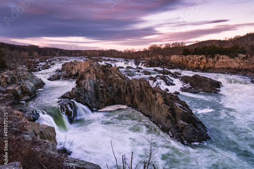 The pretty, classic view of Great Falls at Great Falls Park in Northern Virginia along the the Potomac River.