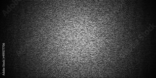 Halftone gradient made of white letters and digits evenly distributed on black background, abstract illustration