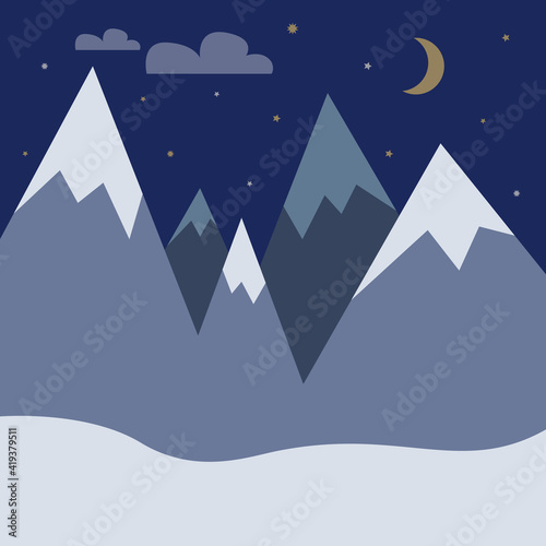 Winter mountain landscape in flat cartoon style. Night time, moon and stars. Vector illustration