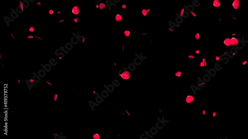 Loop animation of a landscape with red rose petals dancing around.