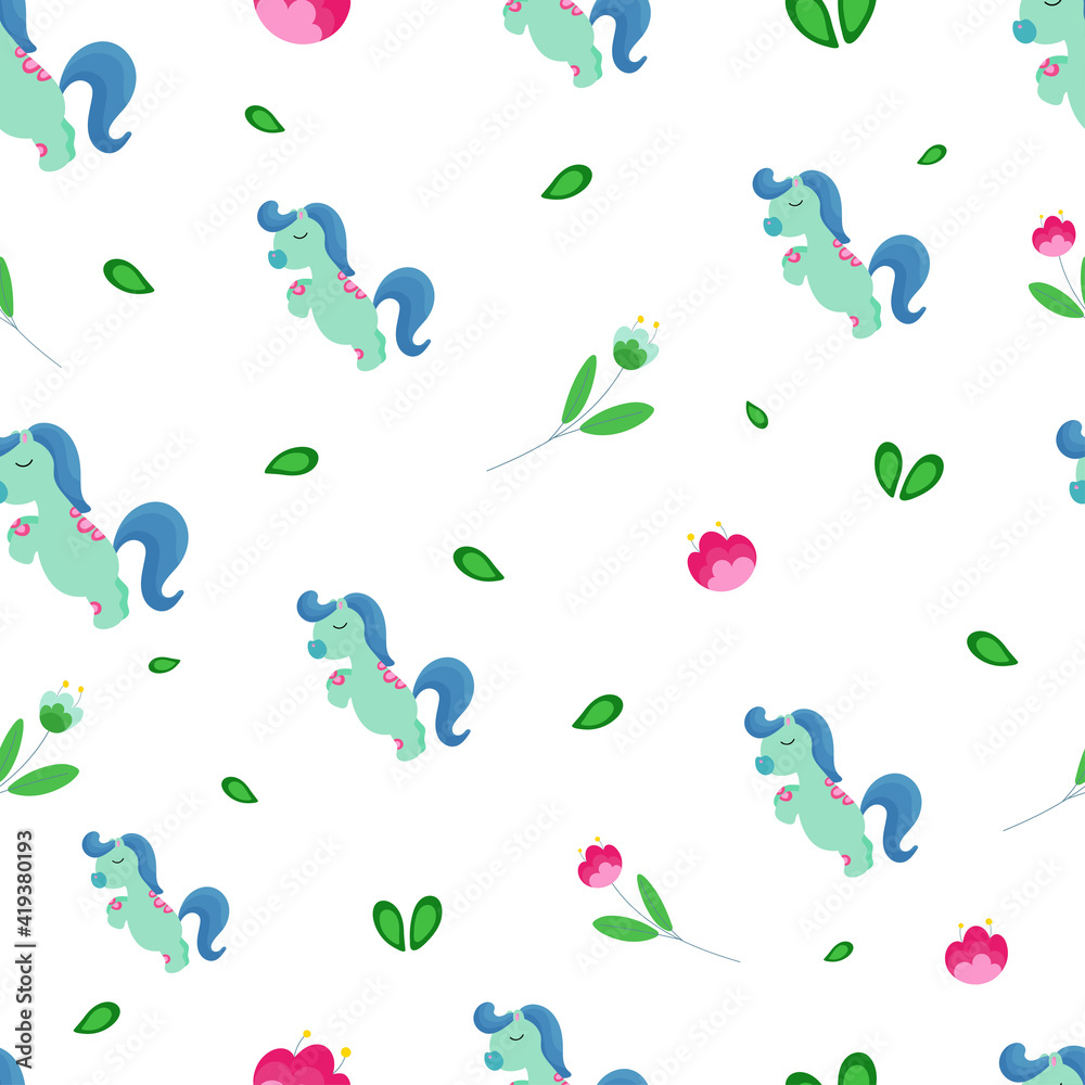 Seamless baby background with fairy blue ponies