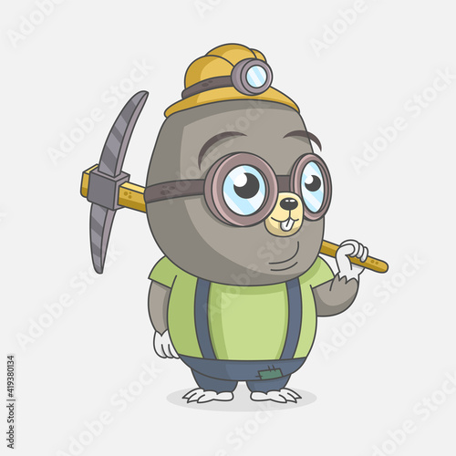Little cute mole miner holding a pickaxe and smiling. Design for print, emblem, t-shirt, party decoration, sticker or mascot.