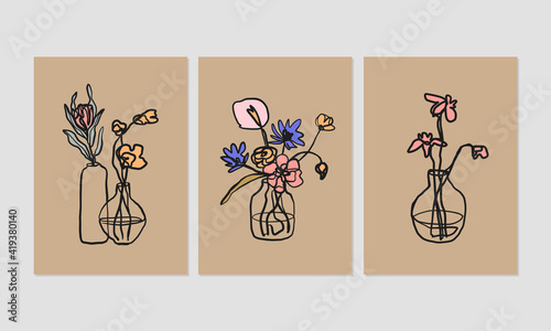 Set of posters with flowers and vases. Hand drawn ink illustrations. Vector floral graphic prints