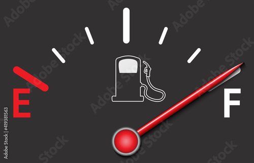 Fuel gauge on black with white marks and red indicator. Transportation vector design with fuel pump. 
