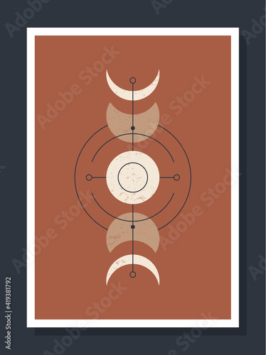 minimalistic poster with celestial bodies. Poster in a modern boho style. The moon and the stars. Vector mystical Illustration cards.
