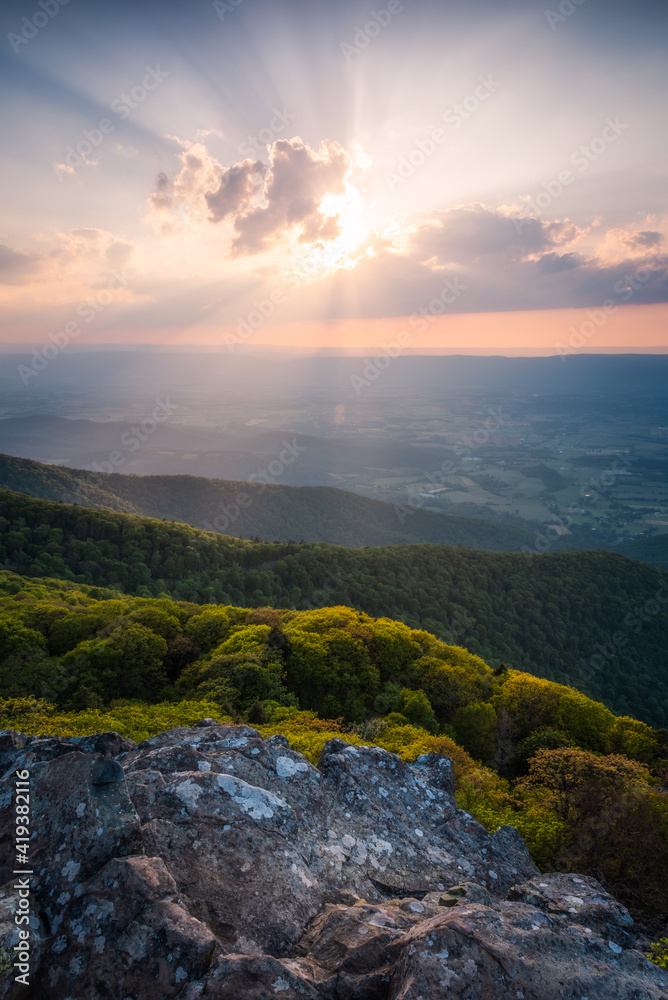 Beautiful rays of evening sunlight viewed from Stony Man Mountain in Shenandoah National Park.