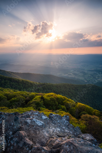 Beautiful rays of evening sunlight viewed from Stony Man Mountain in Shenandoah National Park. © Nick