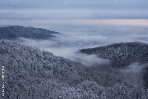 A sea of icy fog fills the valleys of Shenandoah National Park after an ice storm in Virginia.