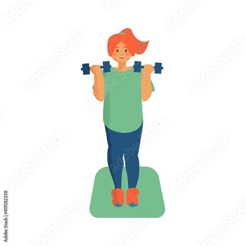 Smart red hair woman doing exercises with dumbbells Workout at home Cartoon illustration