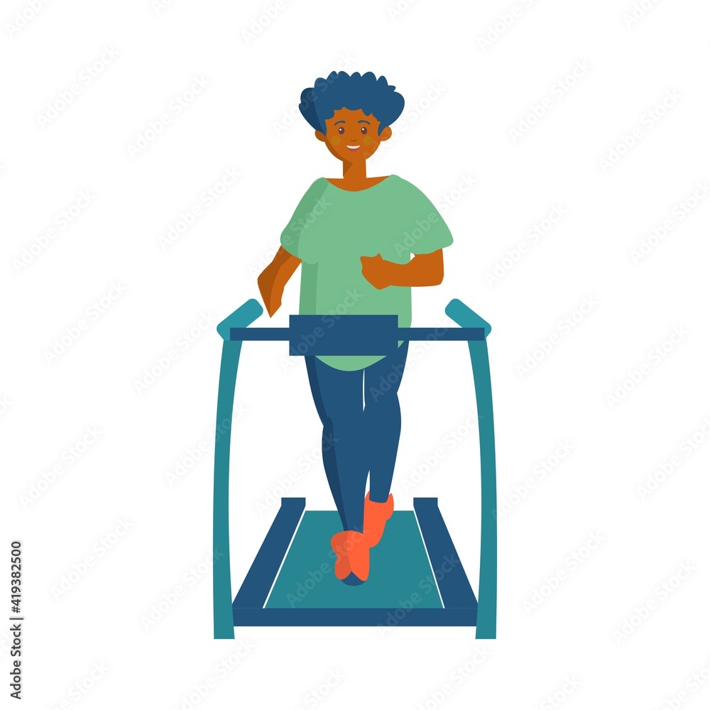 African american woman doing exercises on treadmill Workout at home Cartoon illustration