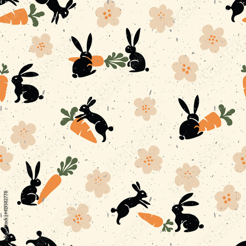 Black Rabbits Playing with Carrots Vector Seamless Pattern