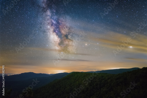 The Milky Way shining through some partly cloudy skies over Shenandoah National Park in the Winter.