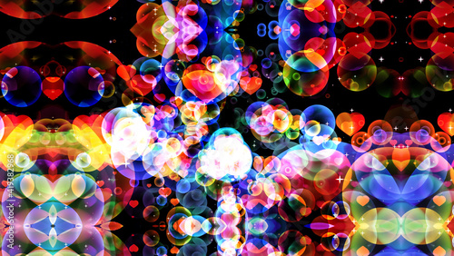 reflection dark abstract dimension rainbow bubbles with dancing hearts floating