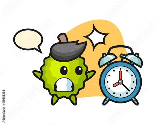 Durian cartoon surprised with a giant alarm clock