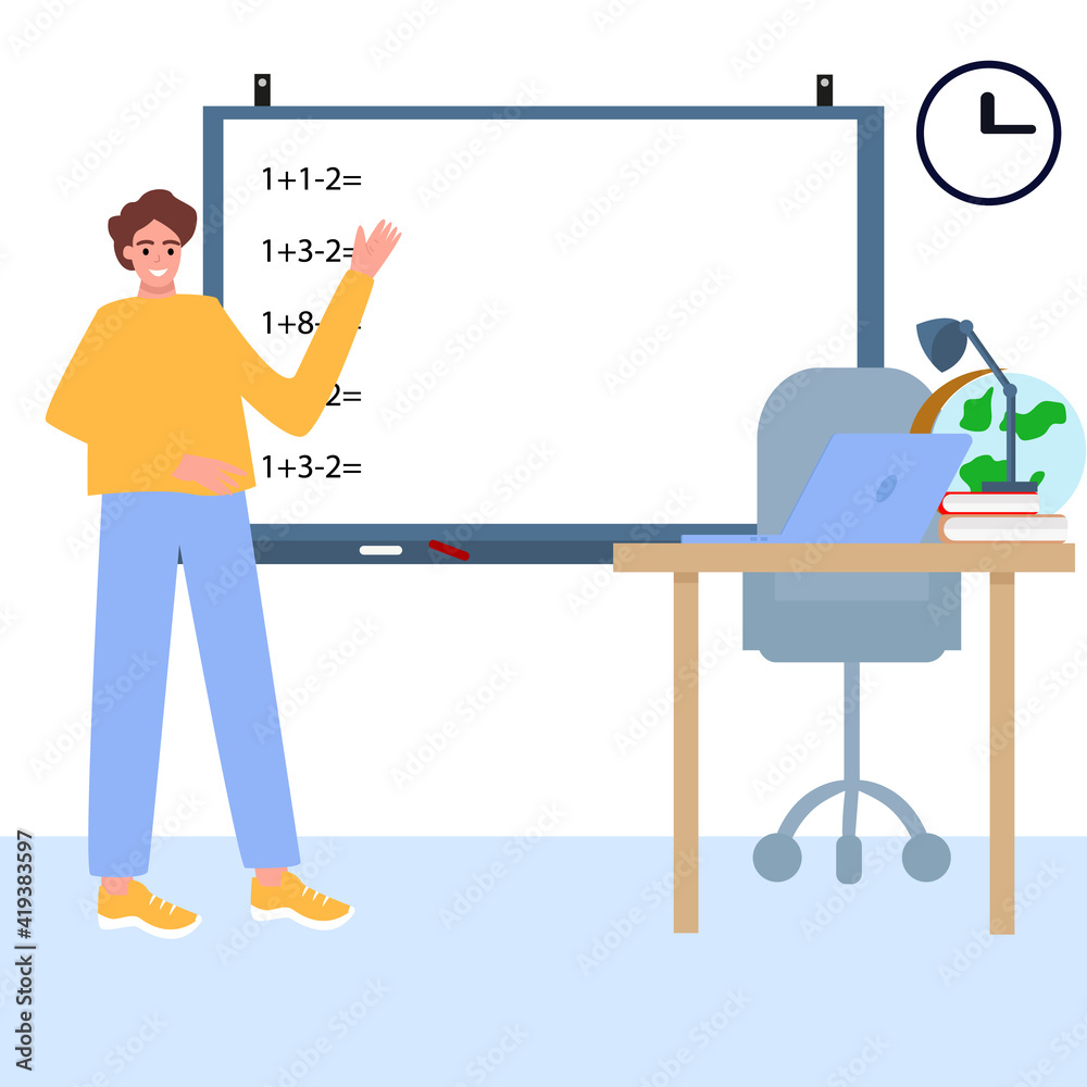 Teacher, professor standing in front of blank school blackboard vector illustration. The teacher writes a task for chalk students. Lesson at school Teacher, professor standing in front of blank school blackboard vector illustration. The teacher writes a task for chalk students. Lesson at school