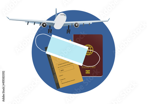 Concepts of reopening airplane travel in new normal and covid-19 pandemic. Illustration of airplane, passport, vaccination certificate and face mask. Vector illustration.