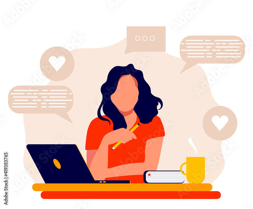 Young woman working On Laptop, Freelance or studying concept. Cute trendy illustration in flat style.