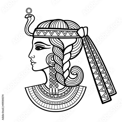 Animation linear portrait of beautiful Egyptian woman. Profile view. Vector illustration isolated on a white background. Print, poster, t-shirt, tattoo.