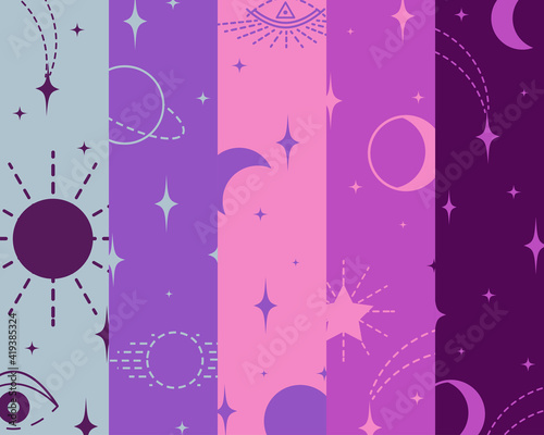 Pattern with elements, signs of esotericism, connection of celestial bodies, stars with fate of person. Background from multicolored stripes. Vector illustration for design of horoscopes, social pages